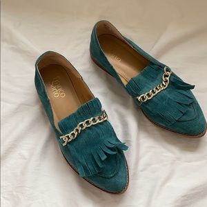 Franco Sarto Loafers w/Chain & Fringe, Teal. Sz8